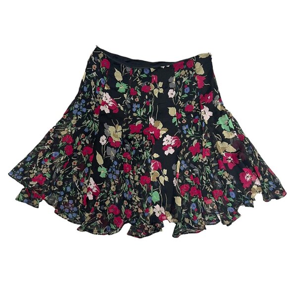 Lauren Ralph Lauren Ruffled Floral Georgette Skirt Size 12 Black Multi Floral - Picture 3 of 15